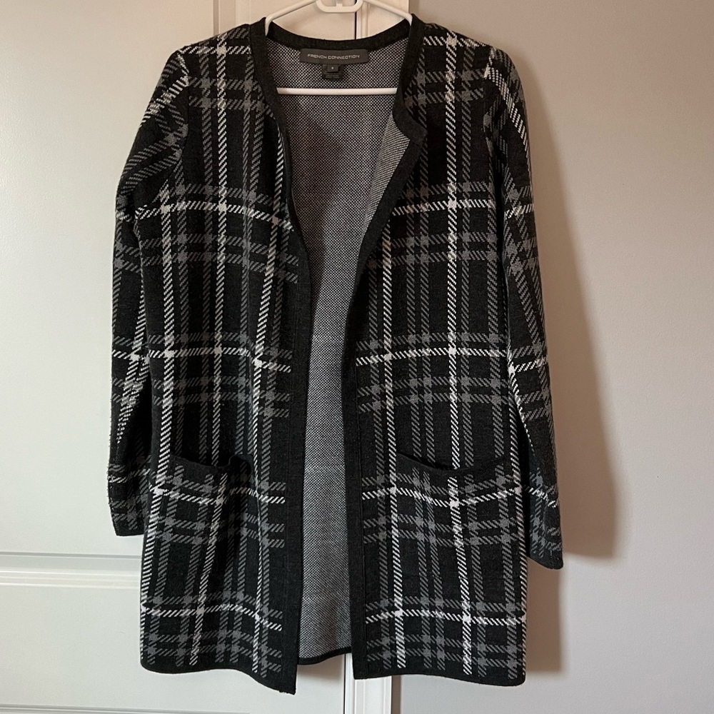 French Connection Gray Plaid Cardigan Small